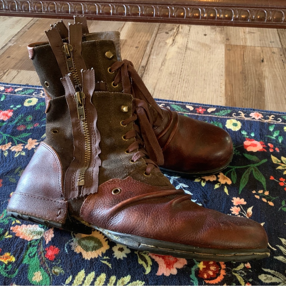 OSSTONE double zipper moto boots brown distressed leather